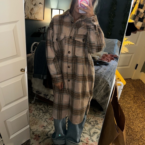 Veveret Plaid long trench flannel - Beige and Brown - Picture 3 of 7